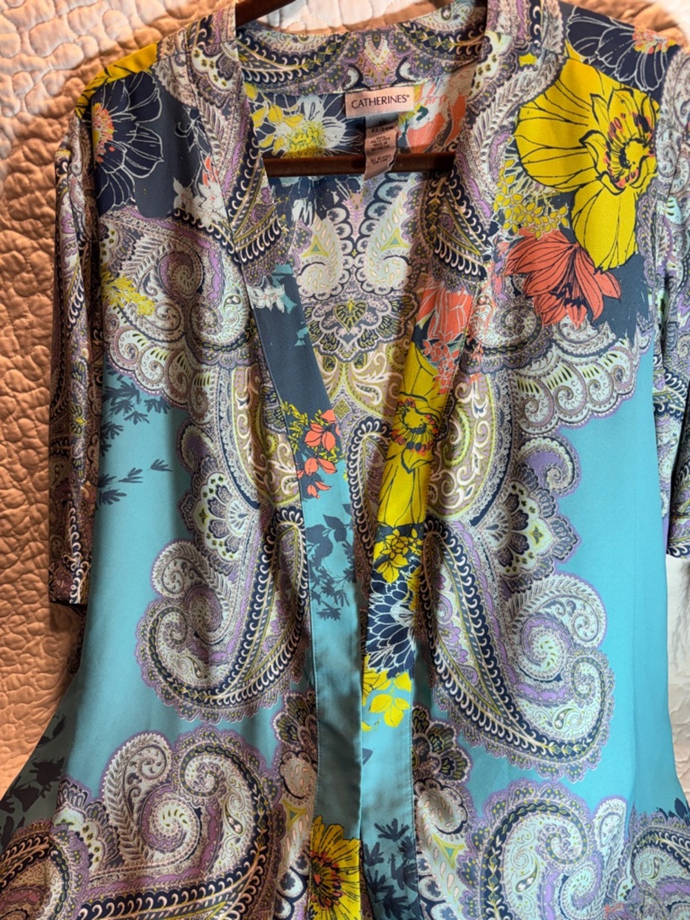 Catherines Turquoise Paisley Floral Kimono with Yellow Accents